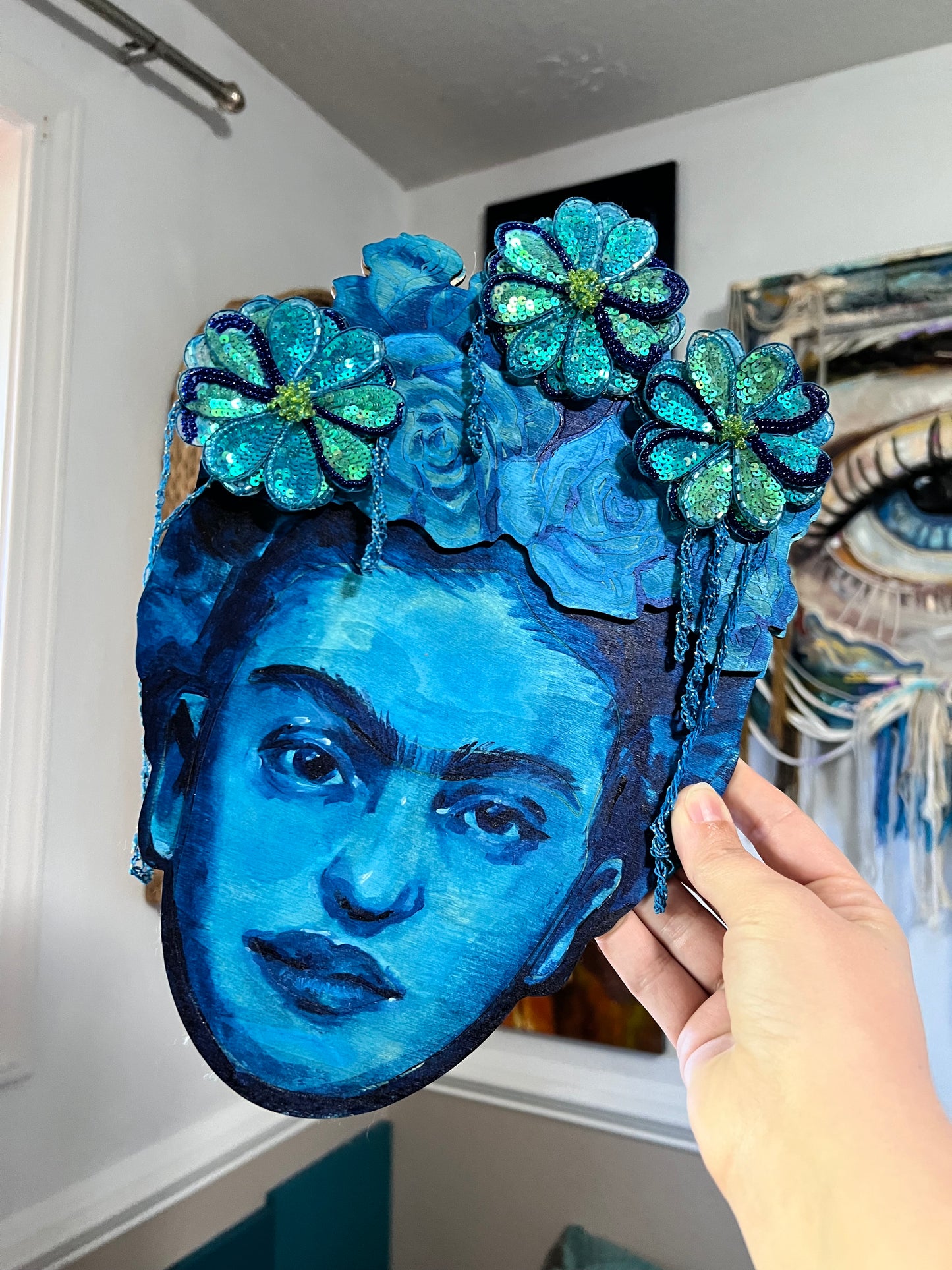 Blue Frida mixed media on wood painting