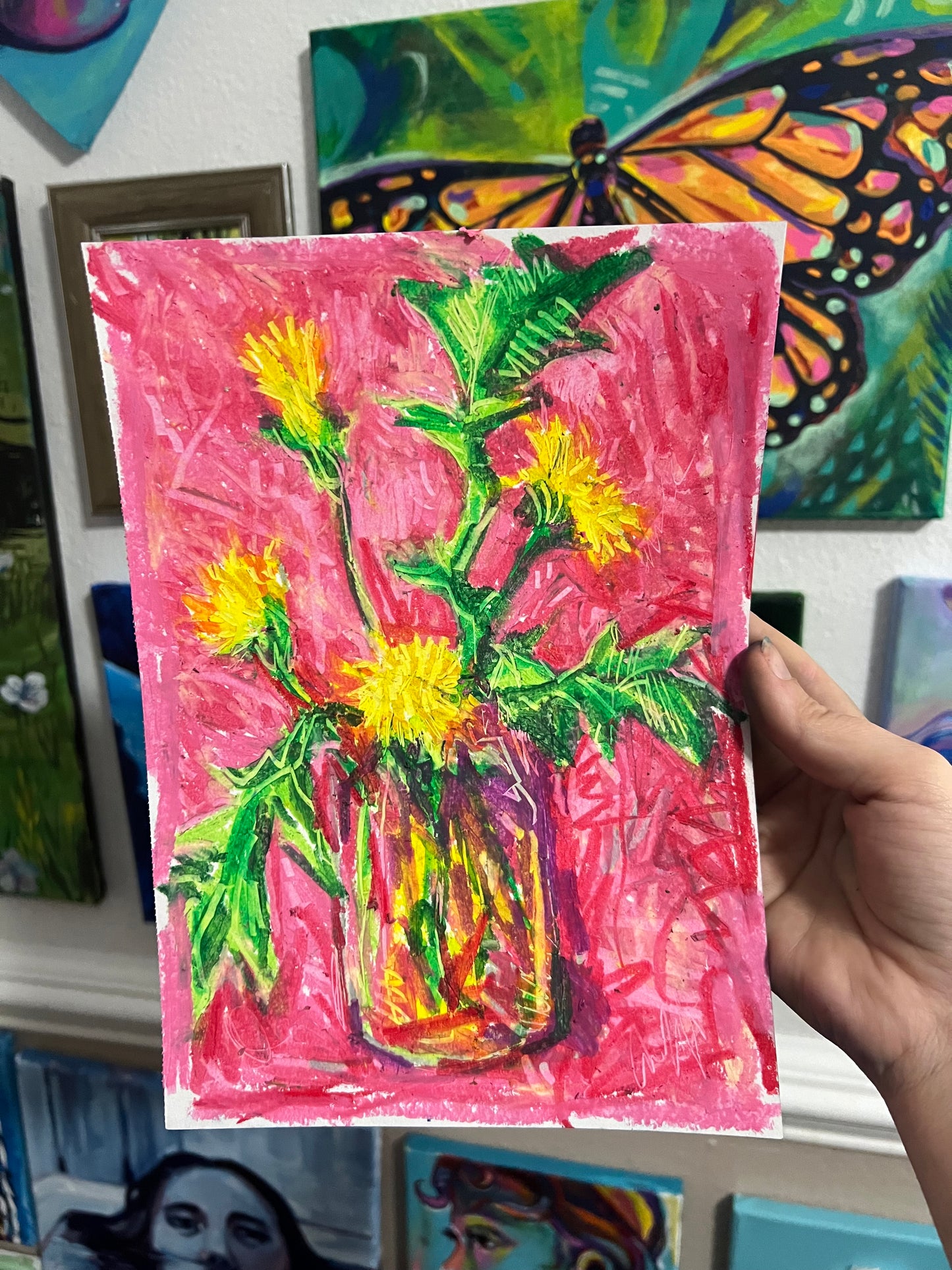 Dandelion with pink oil pastel sketch
