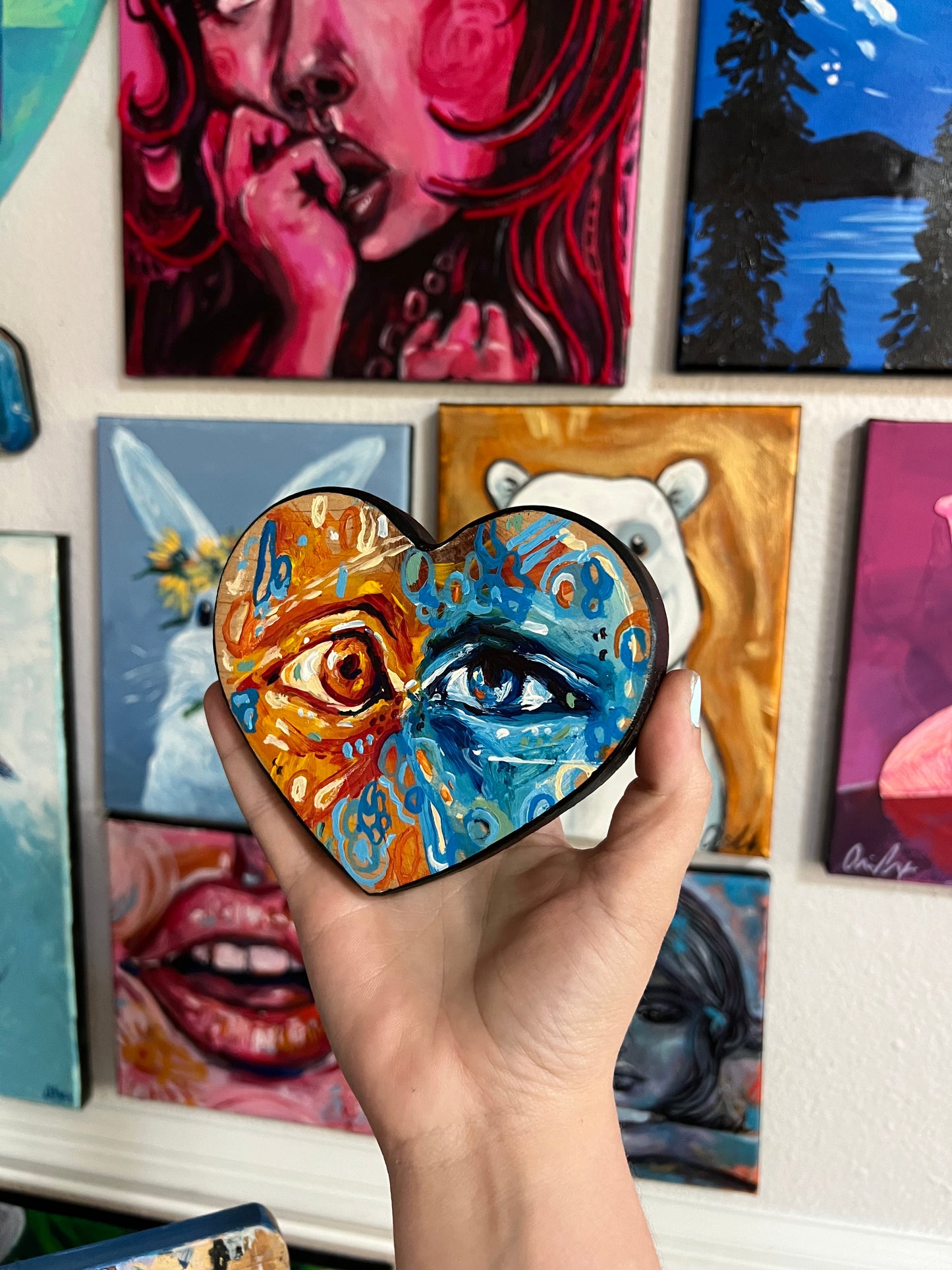 “Mixed Feelings” acrylic painting on wood heart plaque