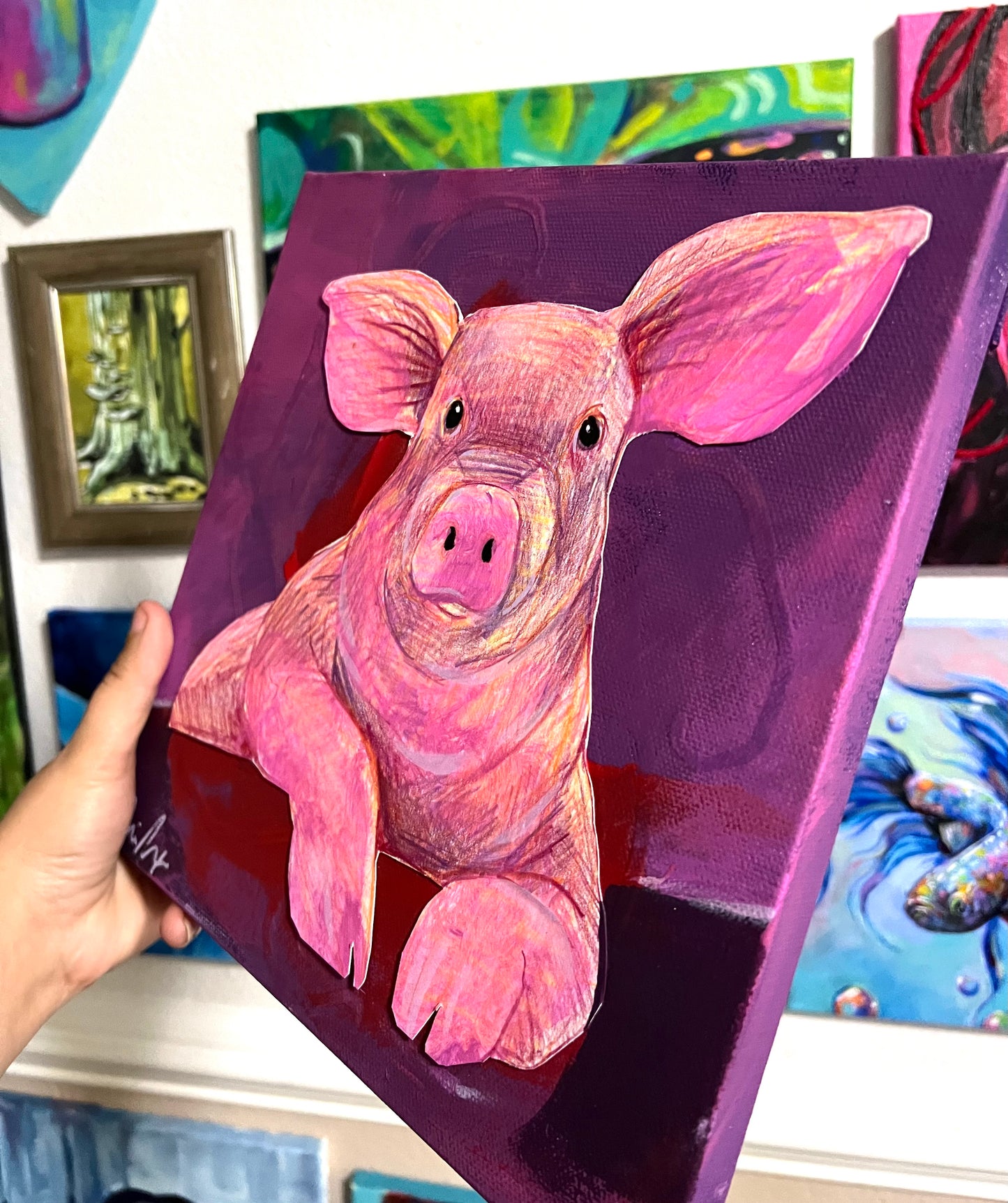 Pink Pig Mixed media painting