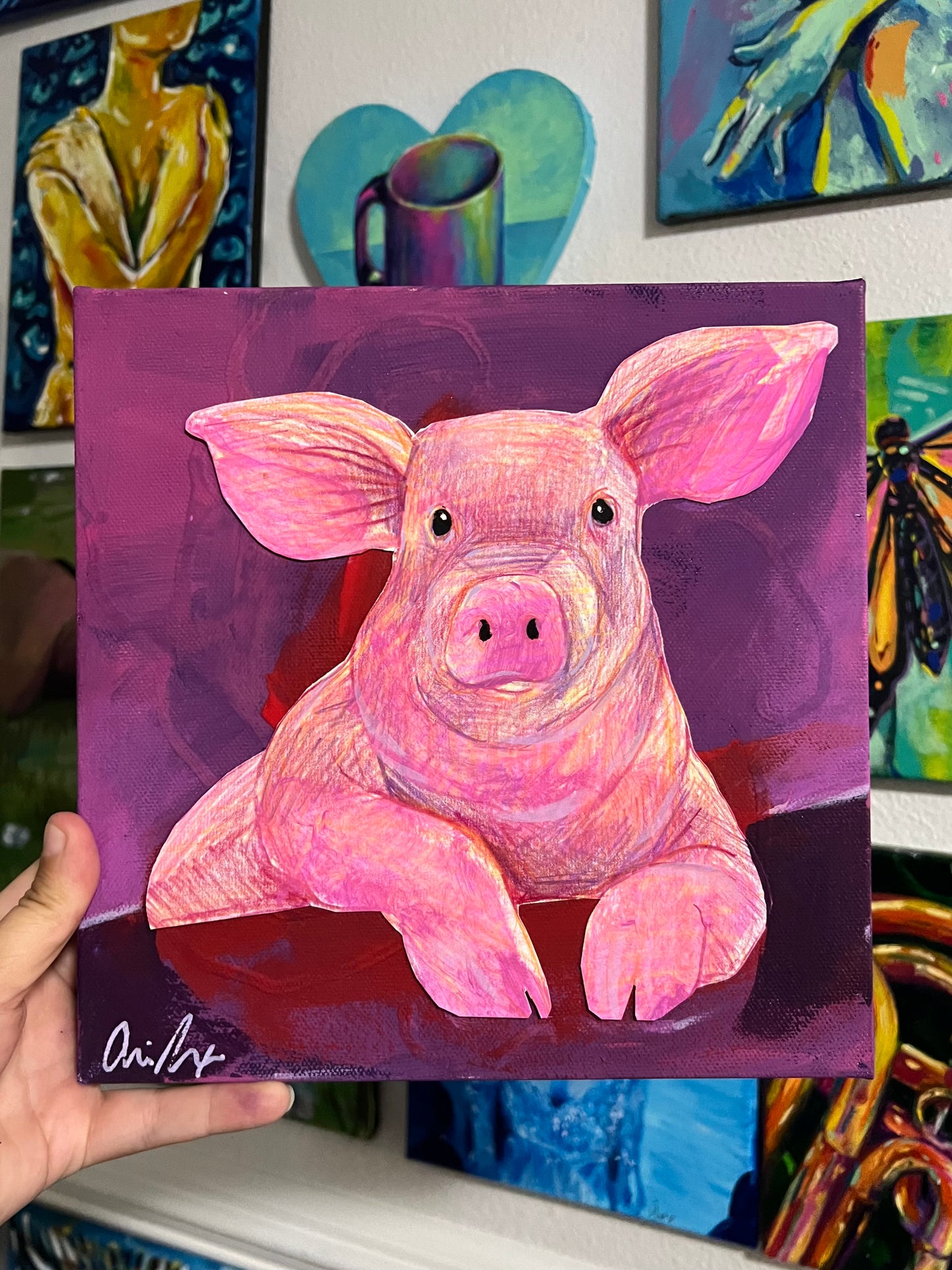 Pink Pig Mixed media painting