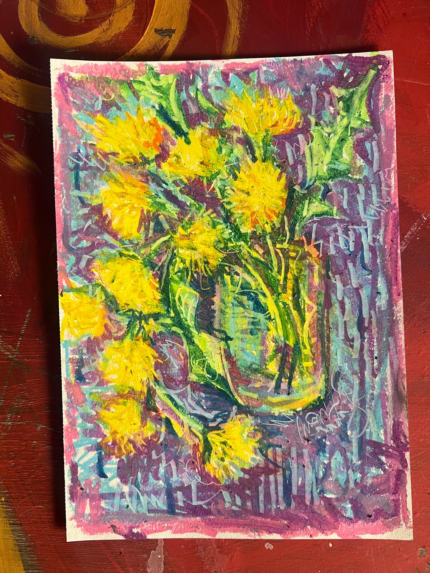 Purple Dandelion oil pastel sketch