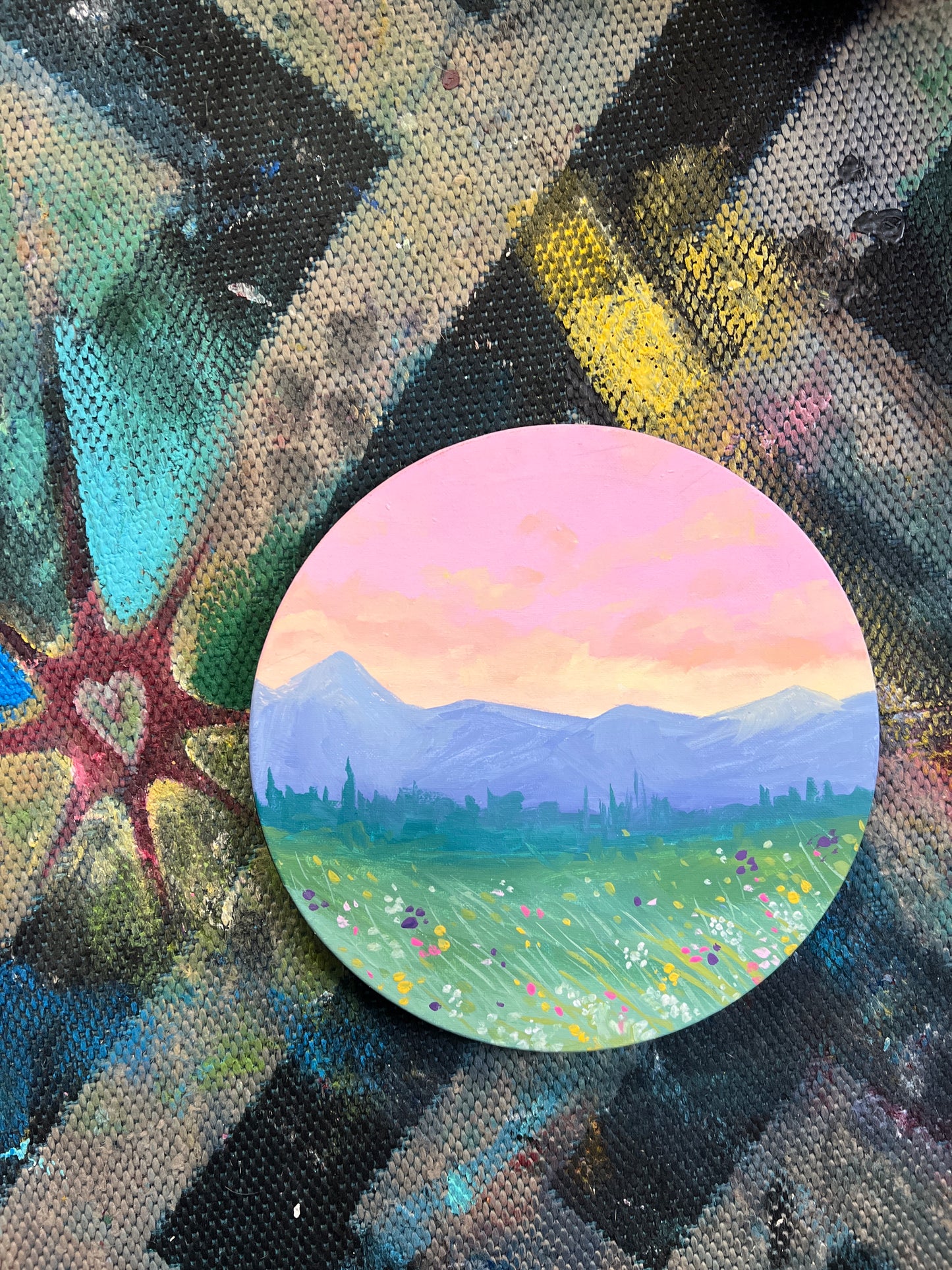 Mountain sunrise round canvas painting