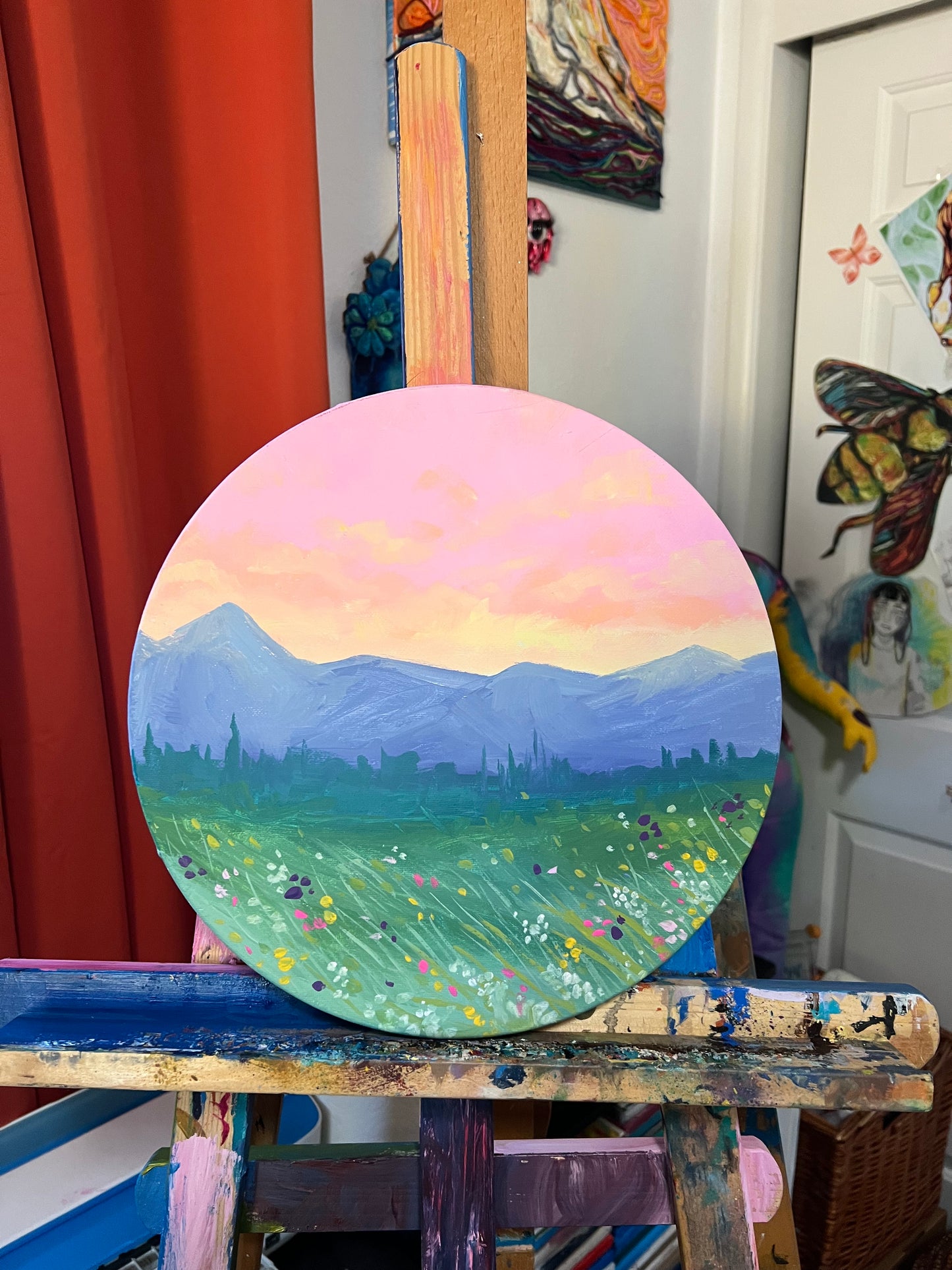 Mountain sunrise round canvas painting