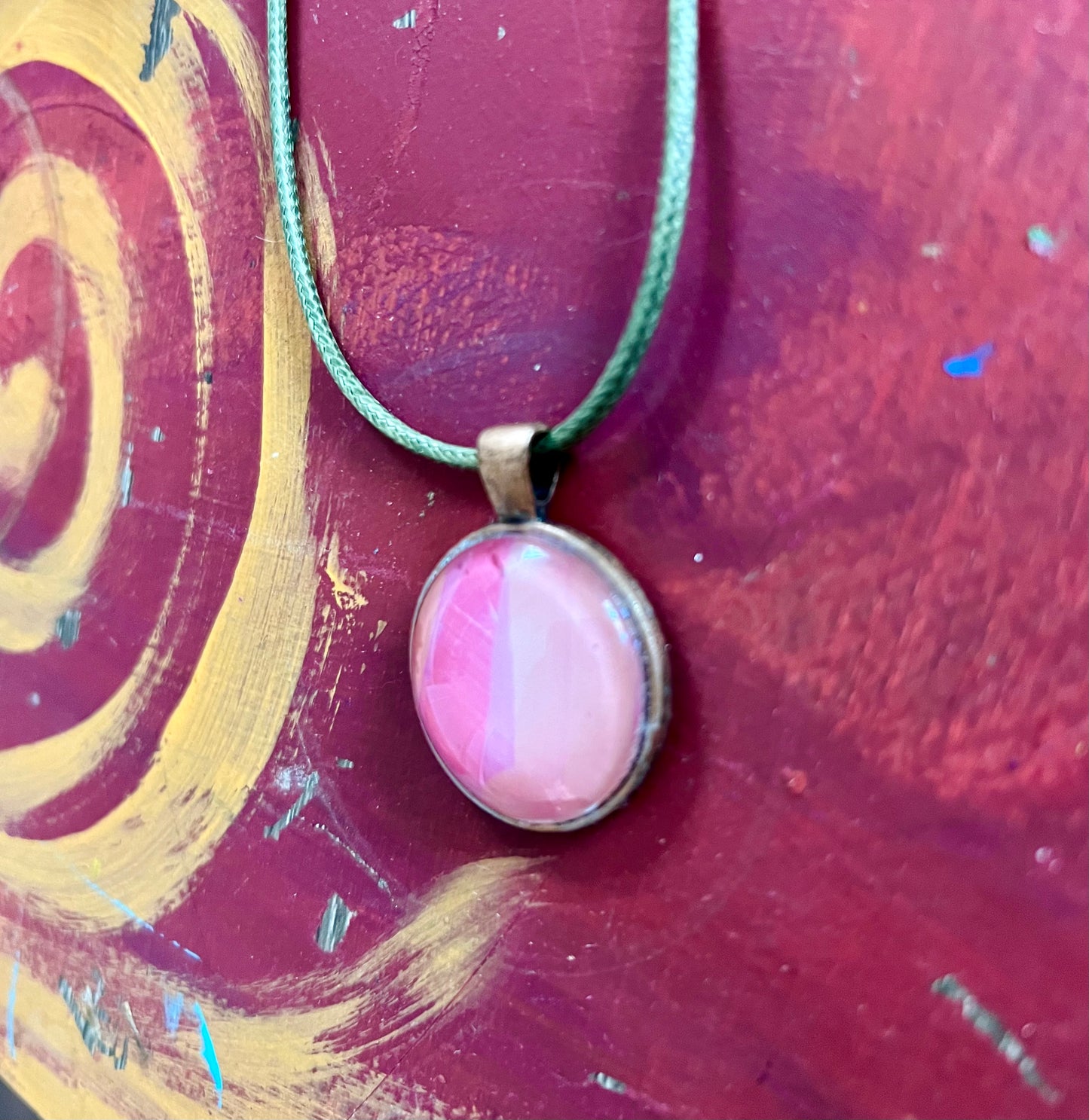 Pink pendant recycled art necklace