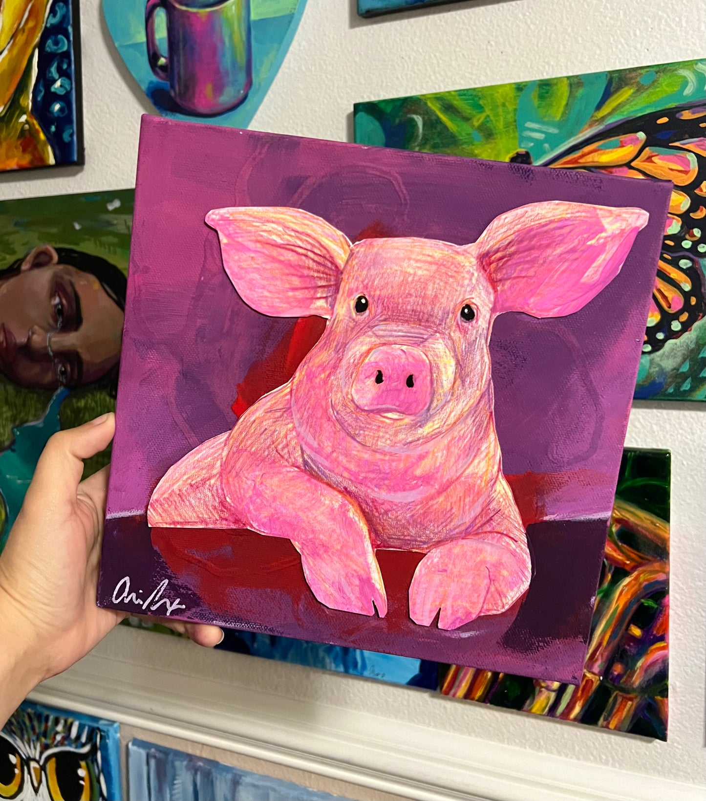 Pink Pig Mixed media painting