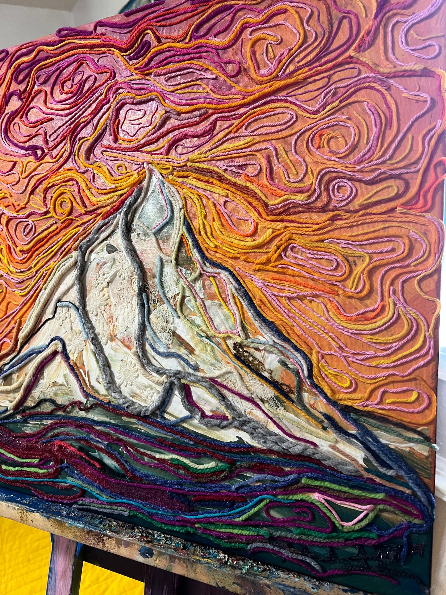 Mountain Sunset mixed media painting