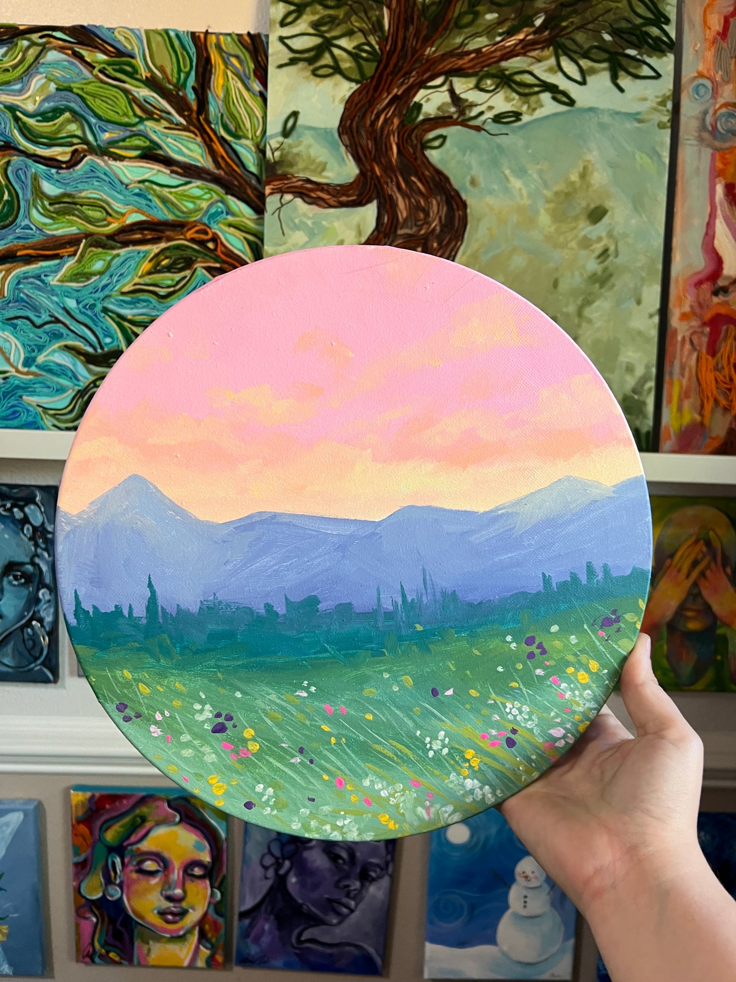 Mountain sunrise round canvas painting