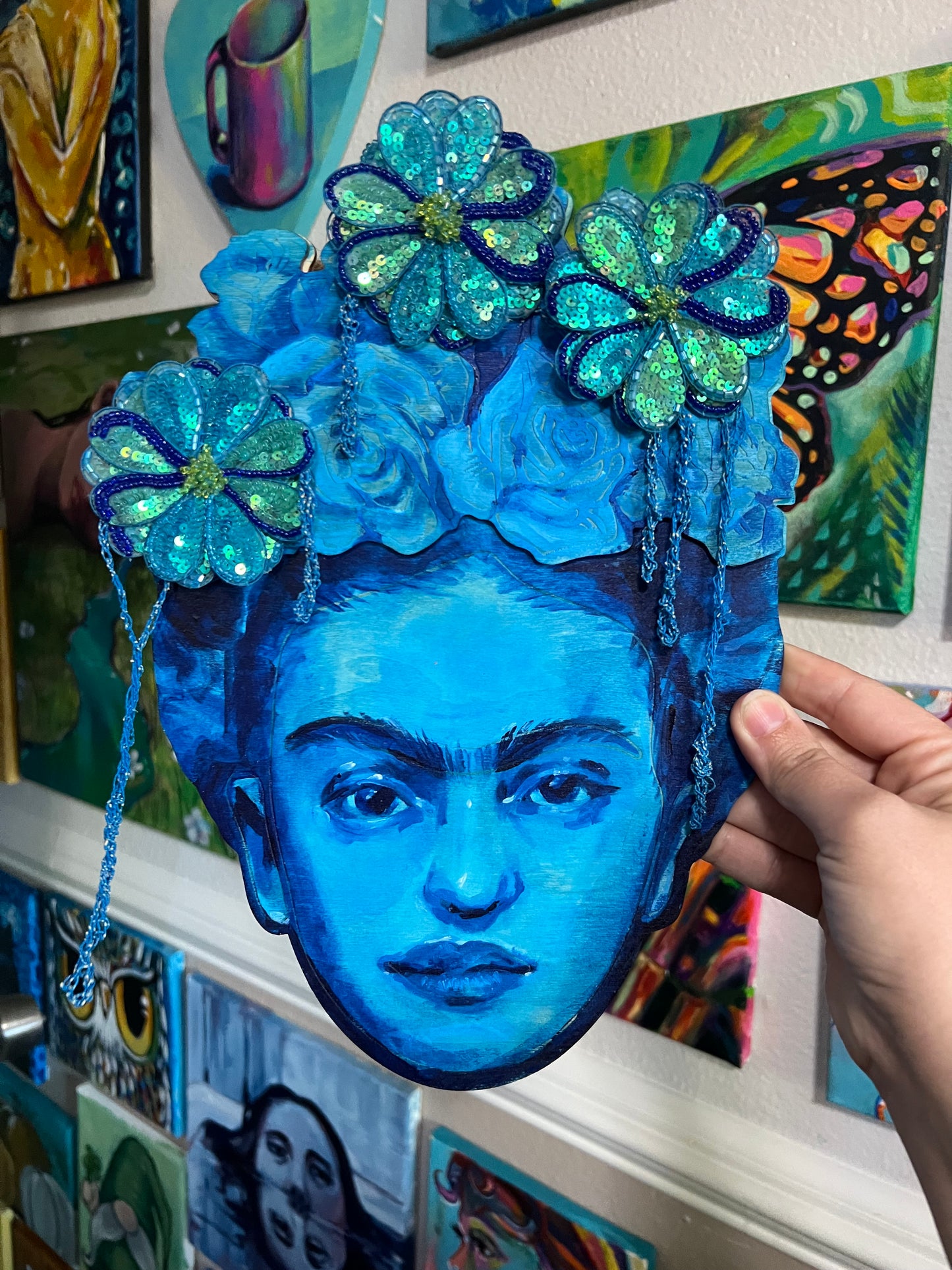 Blue Frida mixed media on wood painting