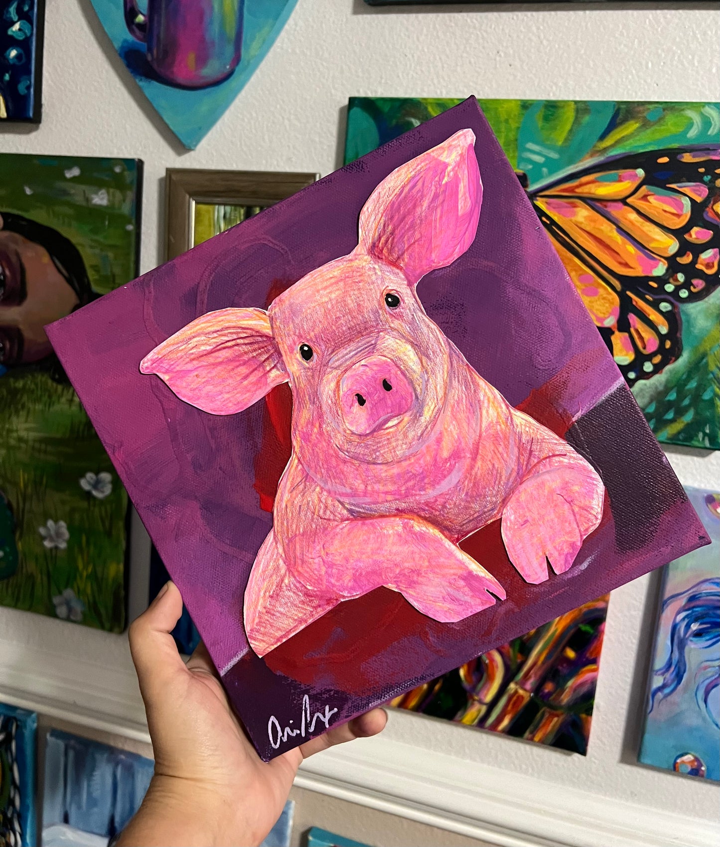 Pink Pig Mixed media painting