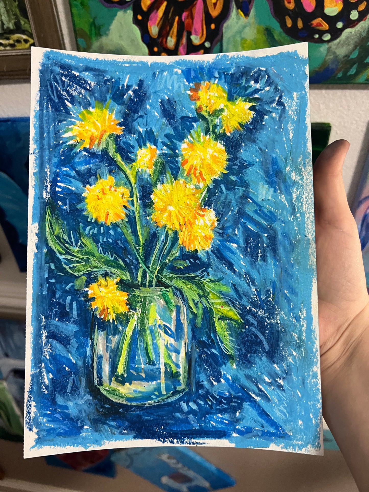 Dandelion with blue Oil pastel sketch