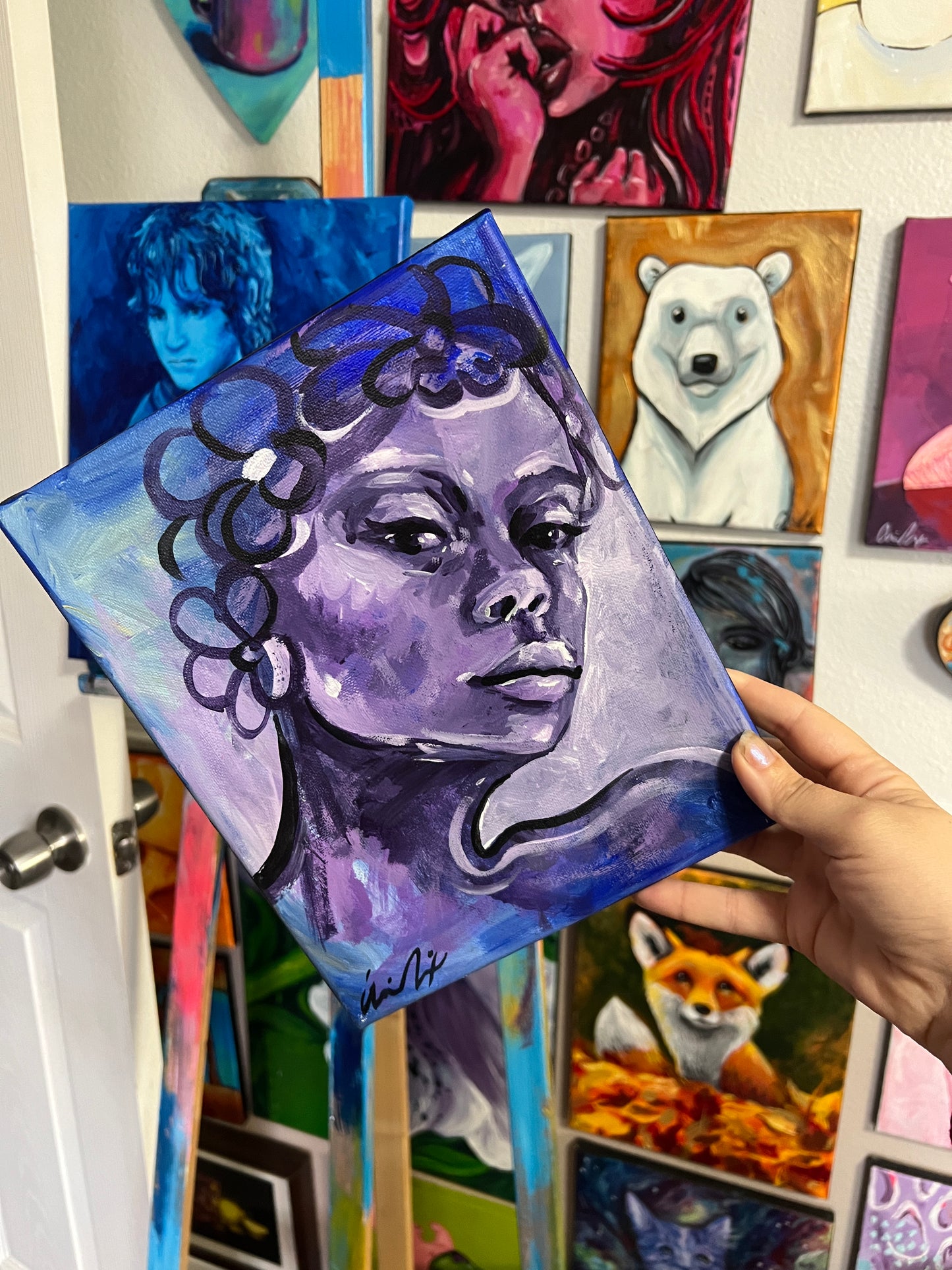Purple flower crown portrait painting