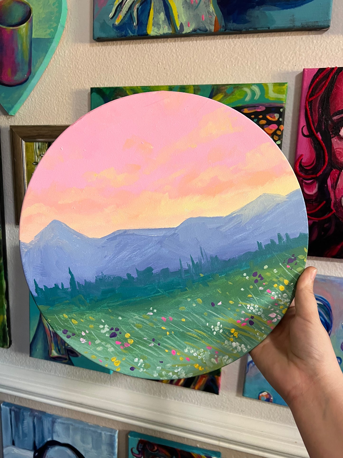 Mountain sunrise round canvas painting