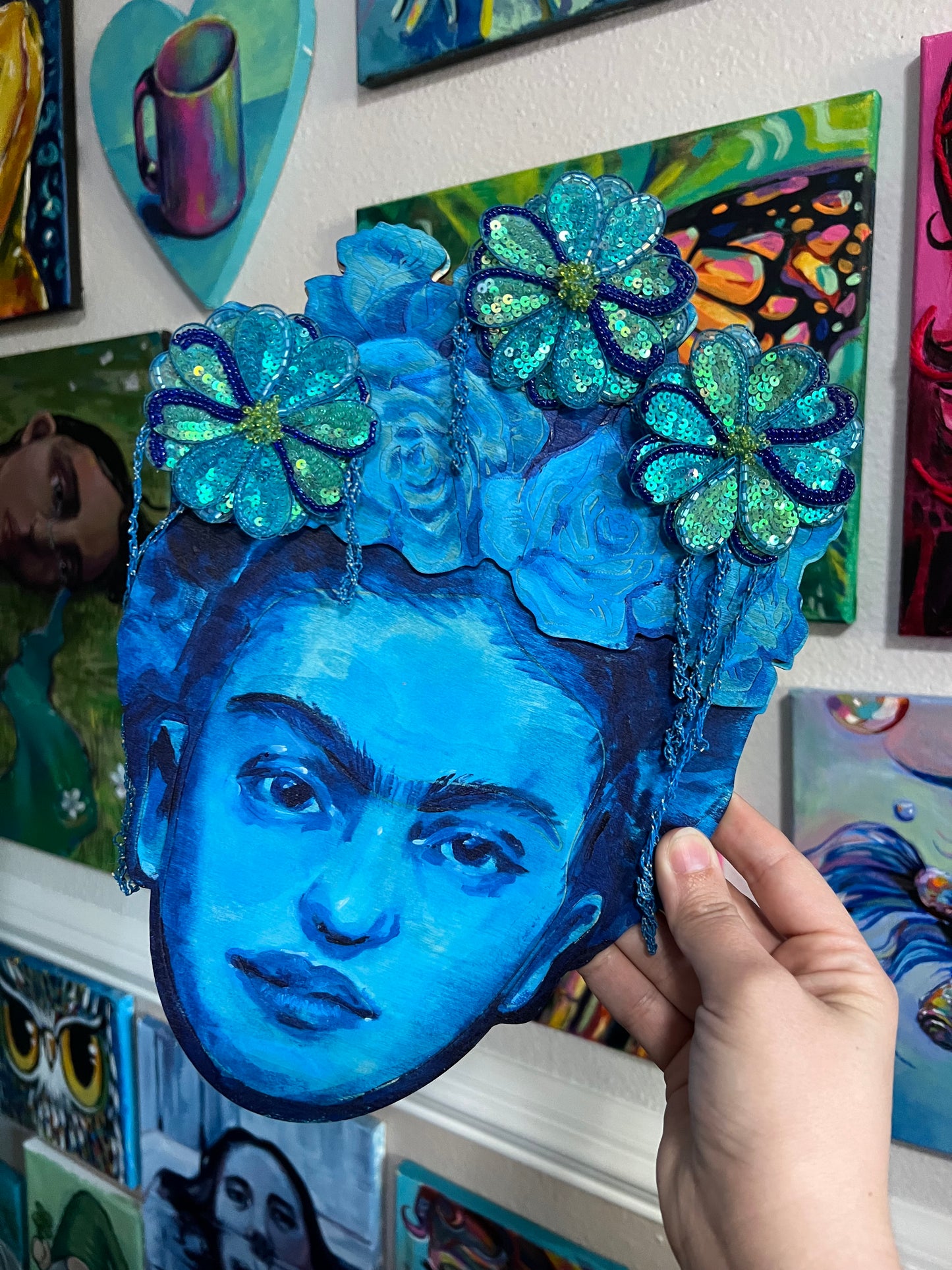 Blue Frida mixed media on wood painting
