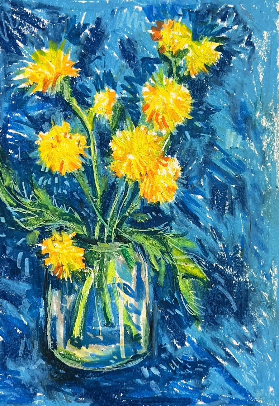 Dandelion with blue Oil pastel sketch