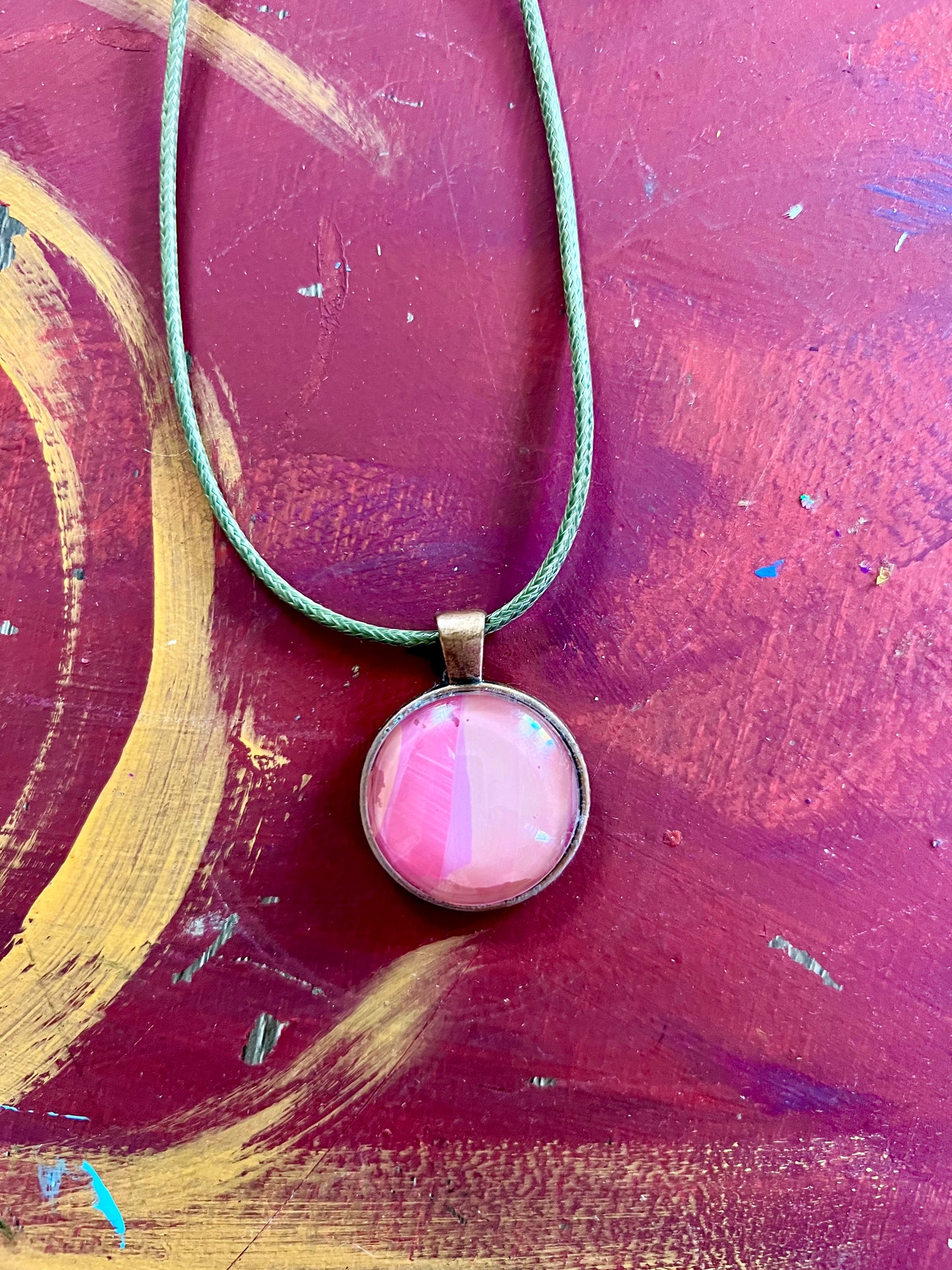 Pink pendant recycled art necklace