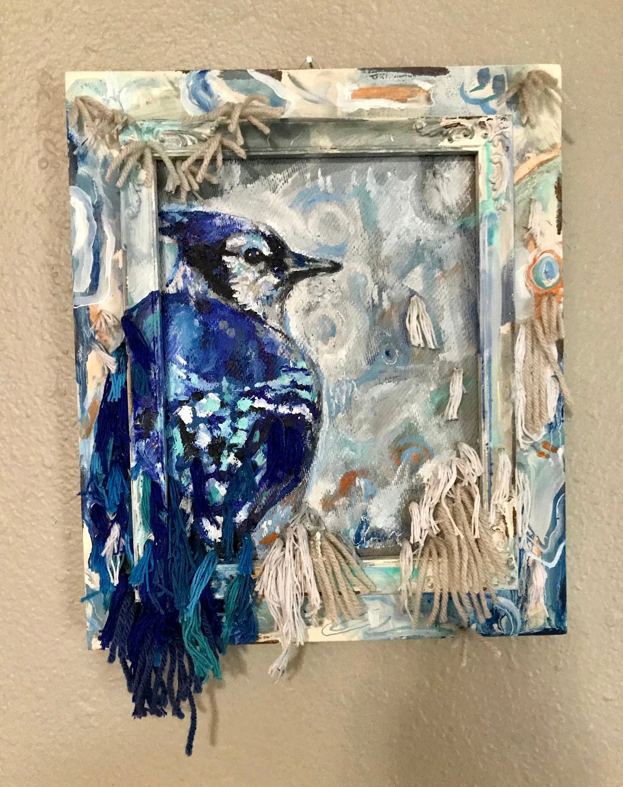 Blue Jay Bird mixed media painting