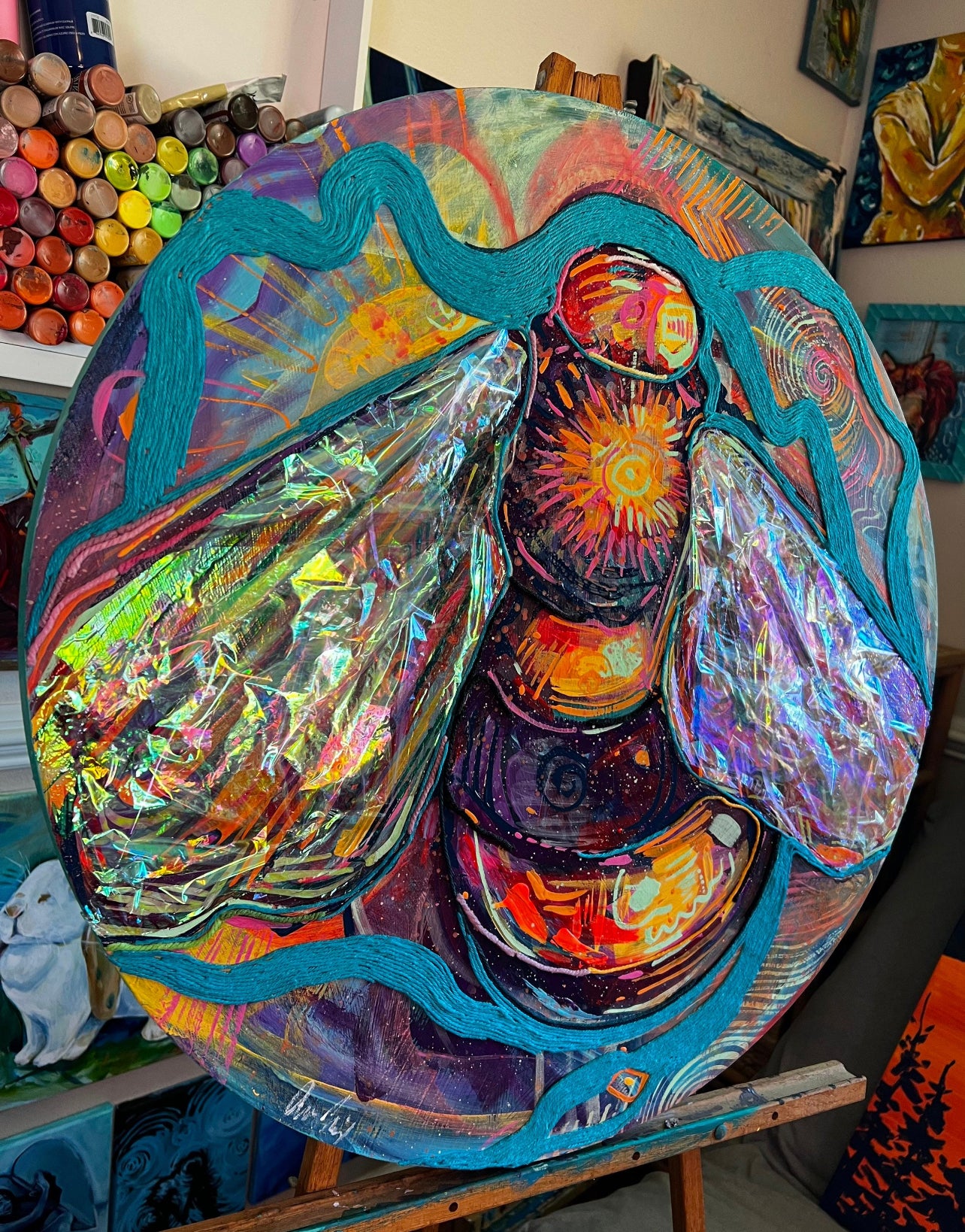 Colorful Bee mixed media painting