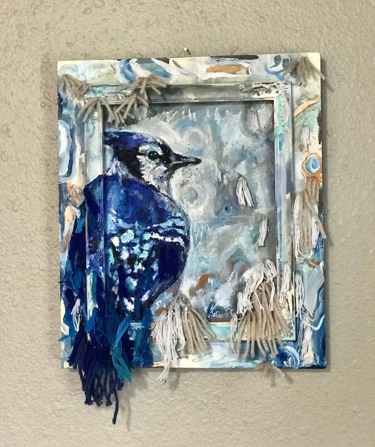 Blue Jay Bird mixed media painting