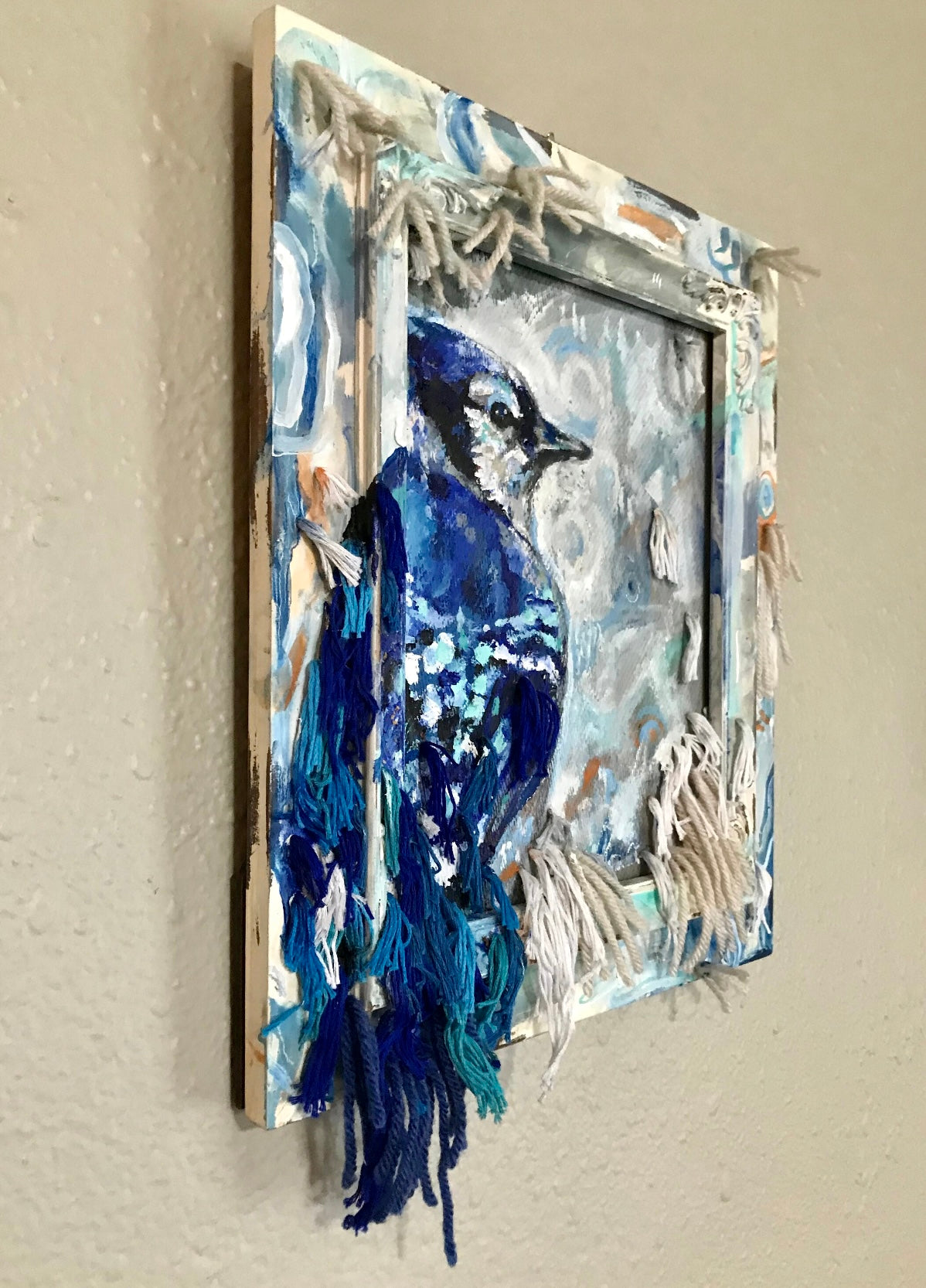 Blue Jay Bird mixed media painting