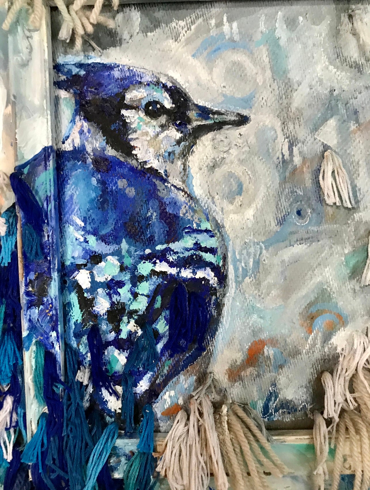 Blue Jay Bird mixed media painting
