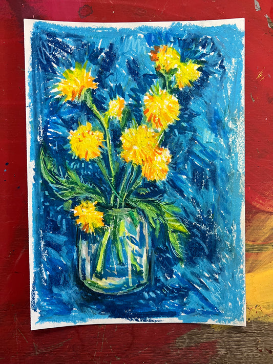 Dandelion with blue Oil pastel sketch