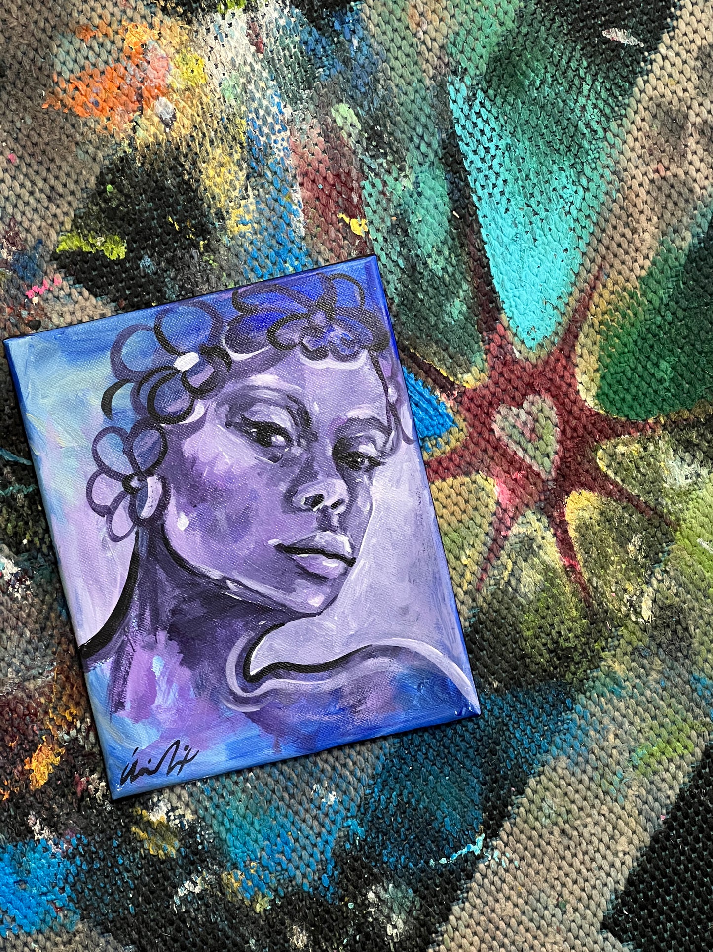 Purple flower crown portrait painting