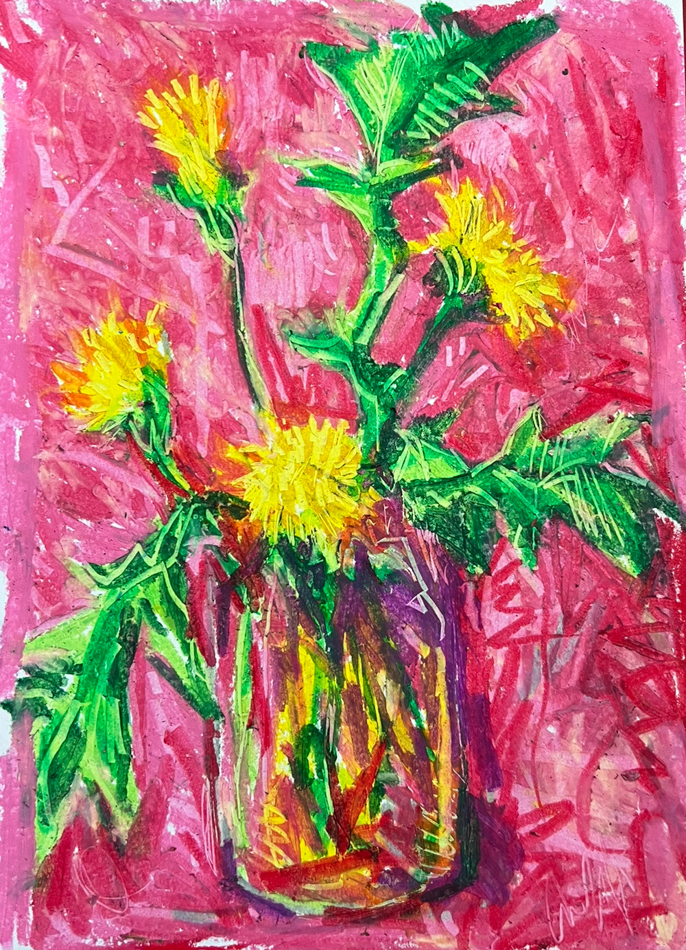 Dandelion with pink oil pastel sketch