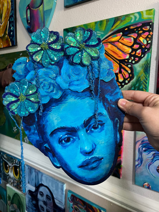 Blue Frida mixed media on wood painting