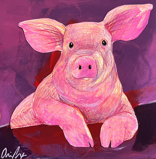 Pink Pig Mixed media painting