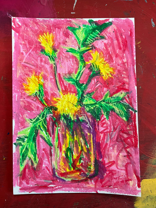 Dandelion with pink oil pastel sketch