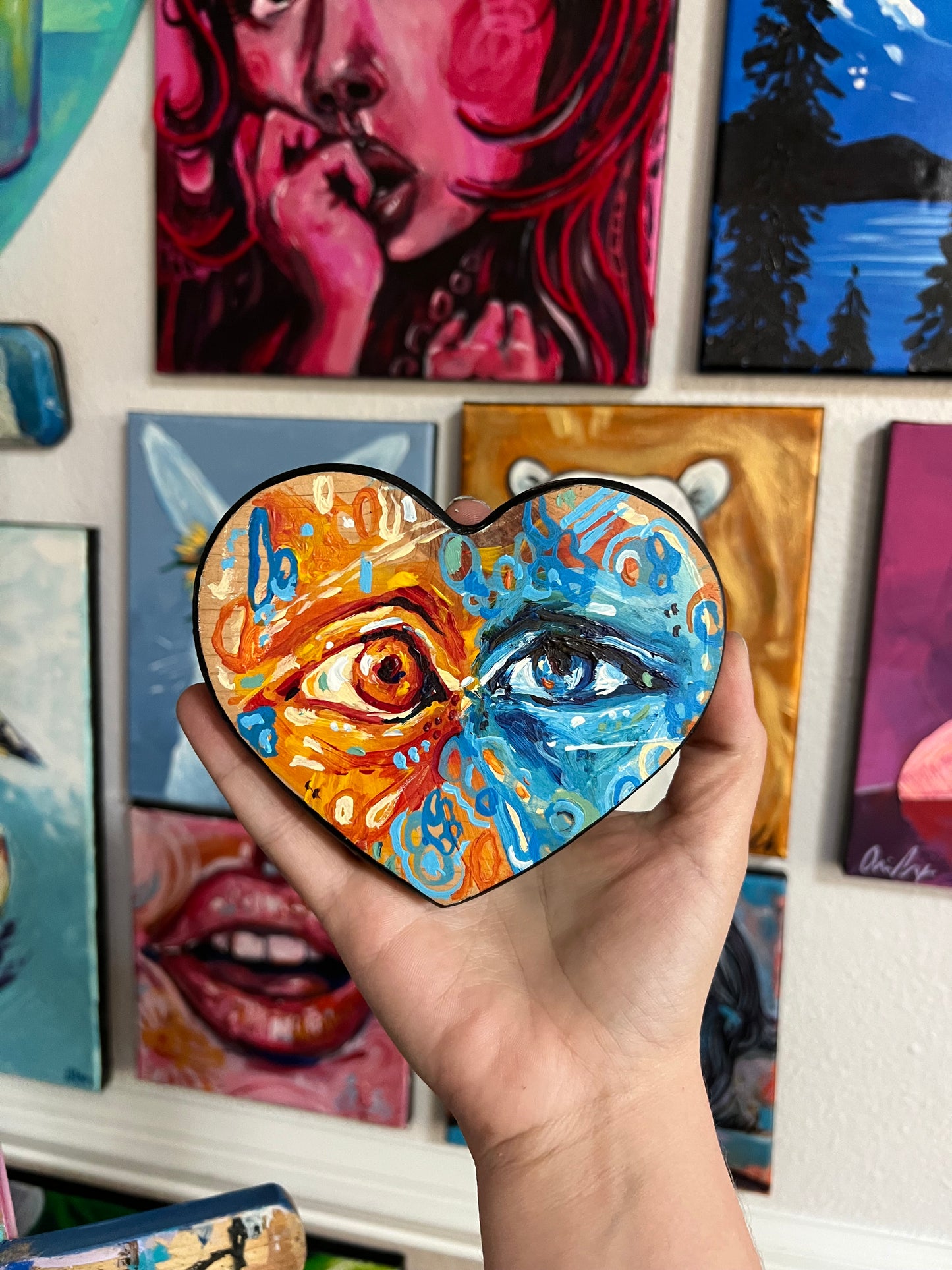 “Mixed Feelings” acrylic painting on wood heart plaque