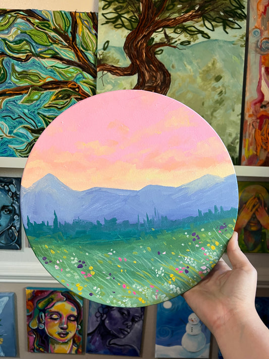 Mountain sunrise round canvas painting