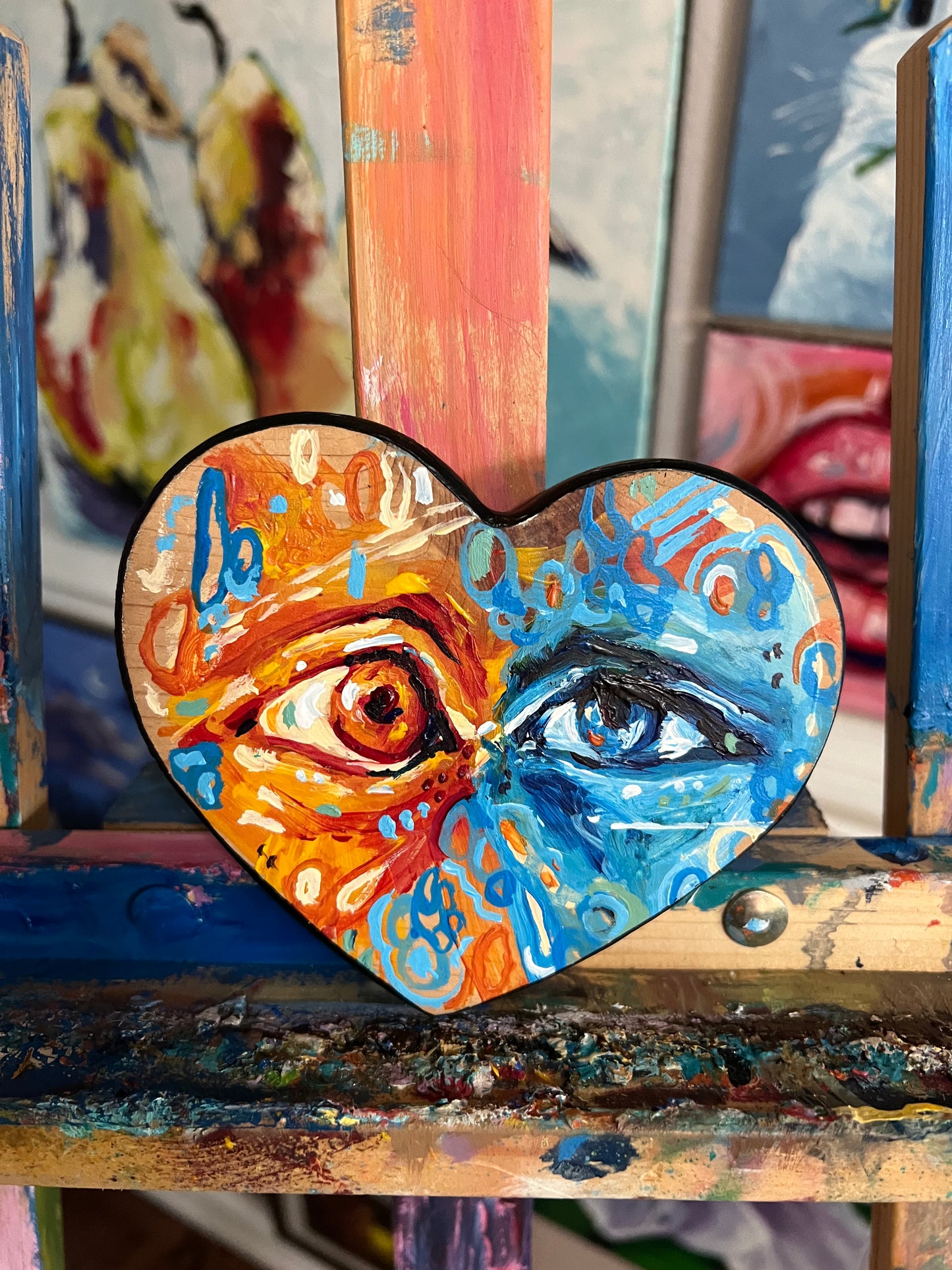 “Mixed Feelings” acrylic painting on wood heart plaque