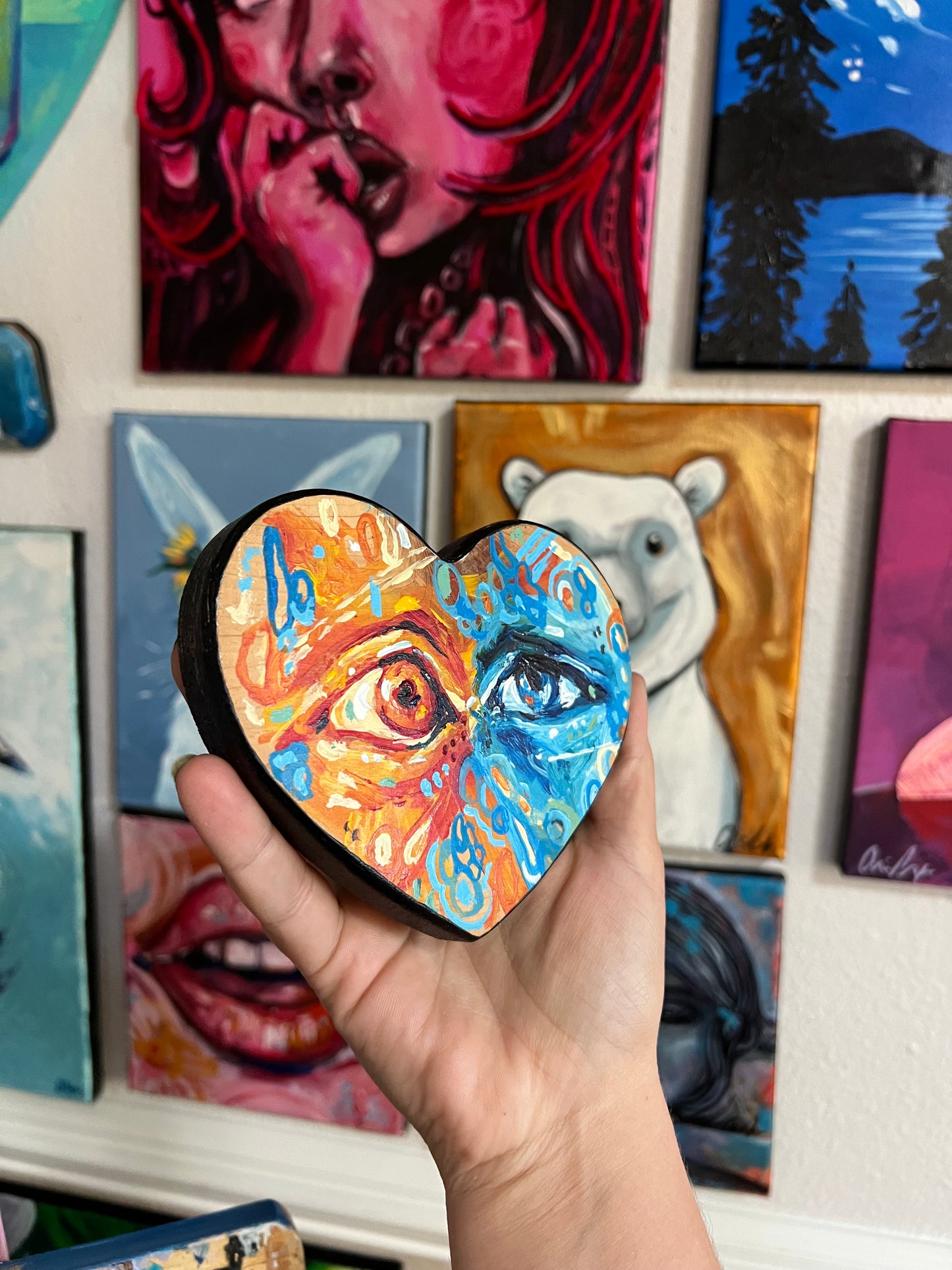 “Mixed Feelings” acrylic painting on wood heart plaque