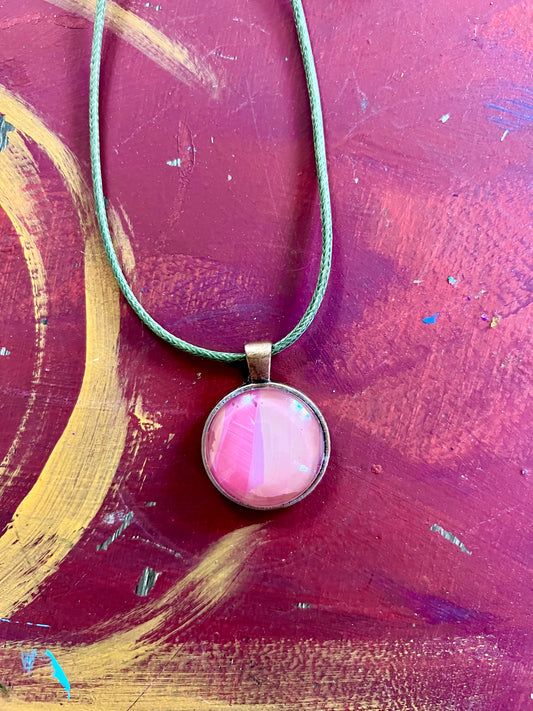 Pink pendant recycled art necklace