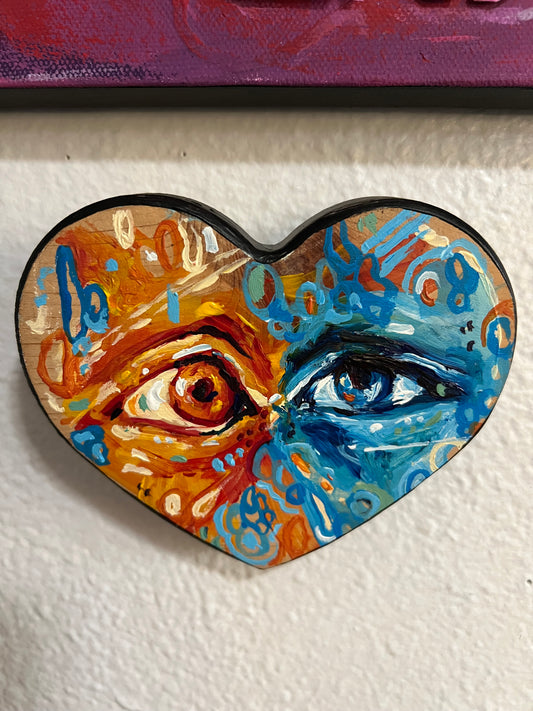 “Mixed Feelings” acrylic painting on wood heart plaque