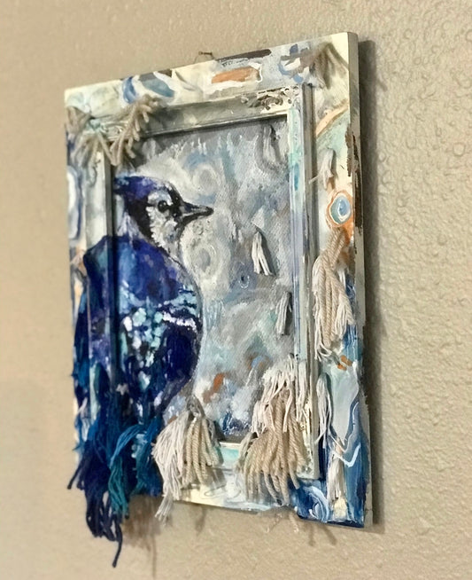 Blue Jay Bird mixed media painting