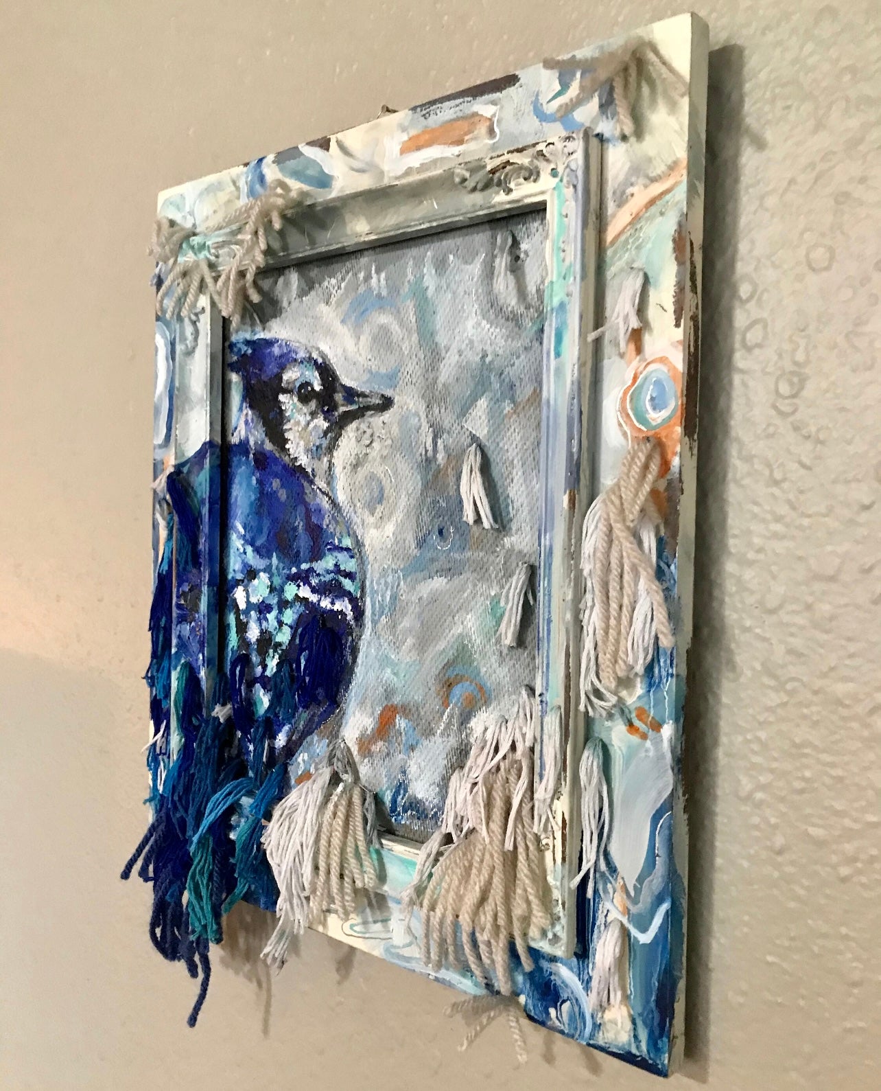 Blue Jay Bird mixed media painting